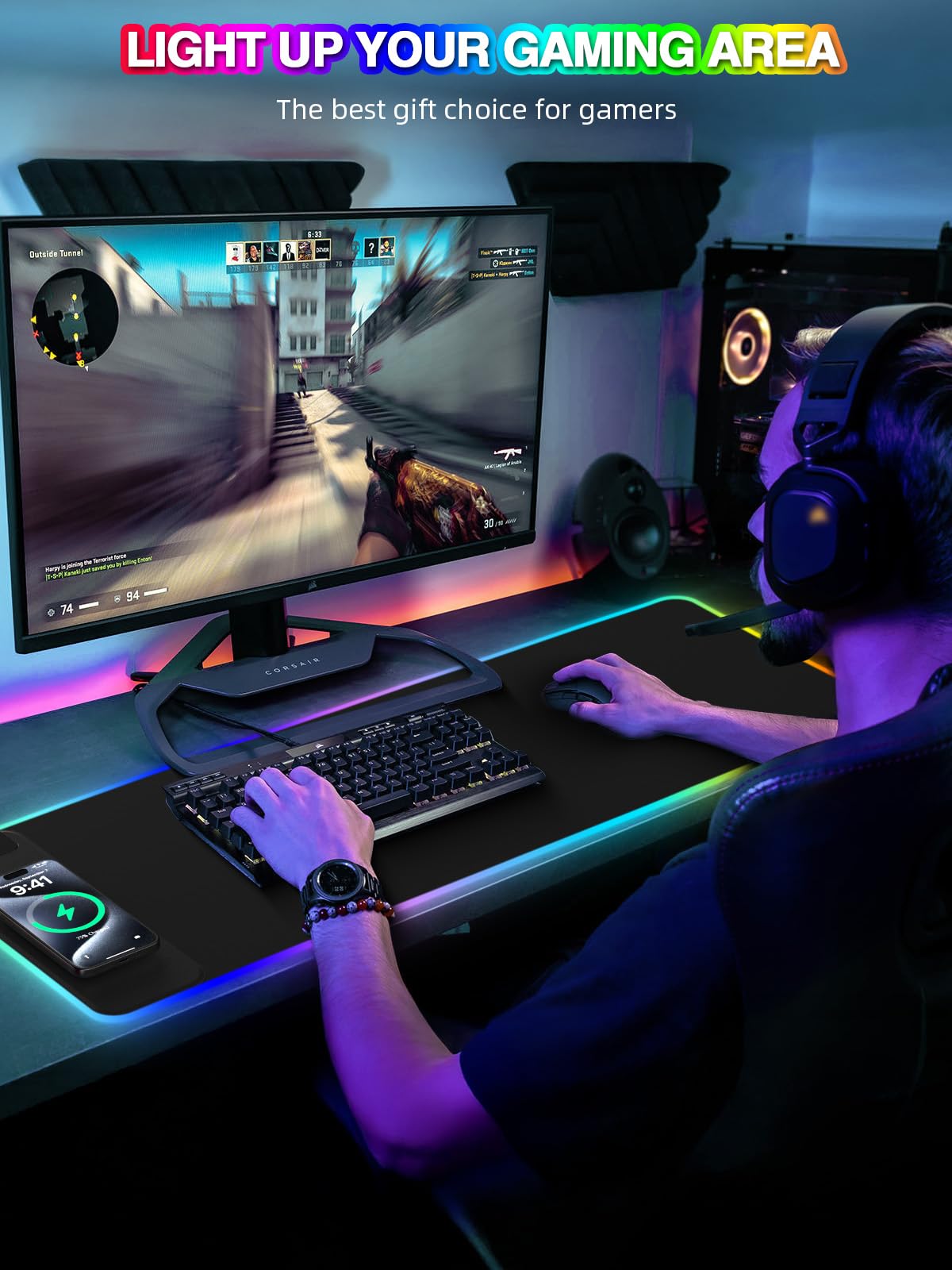 Mouse Pad with Wireless Charging, Large Desk Mat RGB Gaming Mousepad, 10 Light Colors LED Gaming Pad Keyboard Pad with Ultra-Smooth Surface & Non-Slip Rubber Base, Waterproof Full Desk Mouse Pad