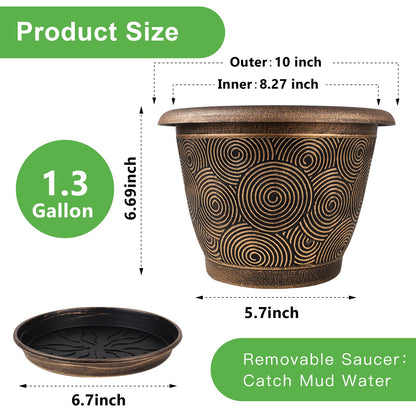 Fodetyff 10 Inch Flower Pots Planters for Indoor Outdoor Plants, 3 Pack Plastic Large Plant Pots with Drainage Hole & Tray, Modern Decorative Garden Pot with Saucer, Plant Container for House