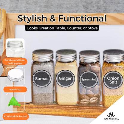SAI AUREVIA - 28-Jar Spice Rack Organizer with 4-Tier Metal Stand | Complete Set with Glass Jars, Labels & Funnel | Space-Saving Kitchen Spice Storage (Wall or Countertop Mount)
