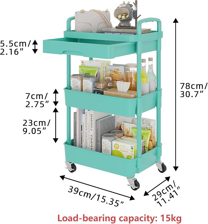 Calmootey 3-Tier Rolling Utility Cart with Drawer,Multifunctional Storage Organizer with Plastic Shelf & Metal Wheel,Storage Cart for Kitchen,Bathroom,Living Room,Office,Green