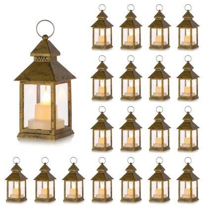 Romadedi Mini Lanterns Decorative for Wedding Centerpiece - 20 PCS Hanging Small Gold Lantern Bulk with Flickering LED Candles for Halloween Decorations Christmas Table Decor, Batteries Included