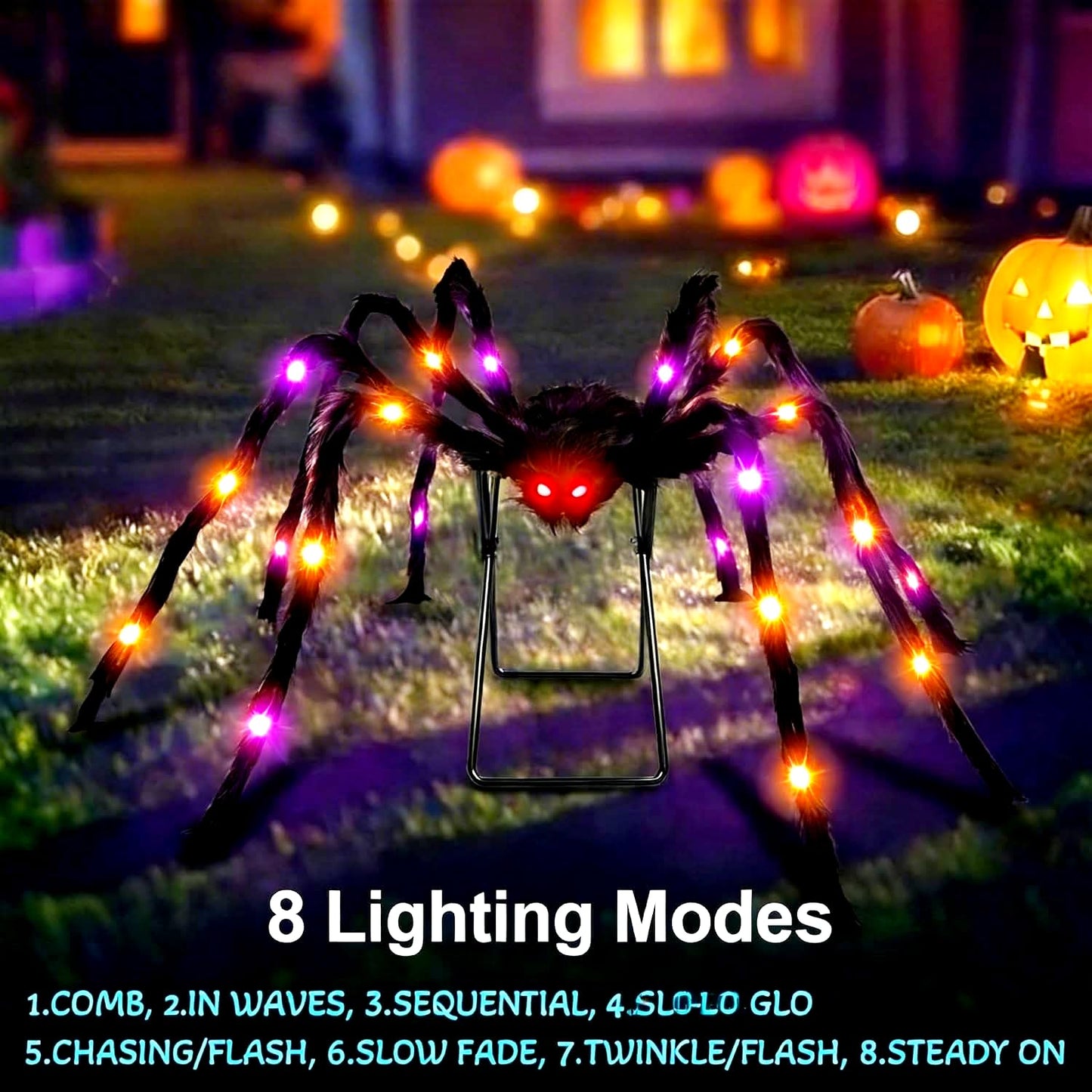 1 Pack 8 Modes 5 FT(Wide) Halloween Giant Spider,Light up Spider with 30 Purple&Orange Lights,Light up Halloween Decorations Outside,for Yard Haunted House Window Party Porch Indoor Outside Decor