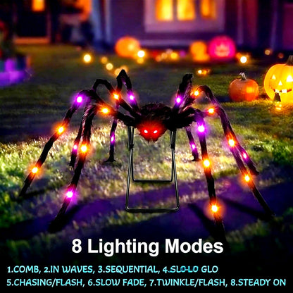 1 Pack 8 Modes 5 FT(Wide) Halloween Giant Spider,Light up Spider with 30 Purple&Orange Lights,Light up Halloween Decorations Outside,for Yard Haunted House Window Party Porch Indoor Outside Decor