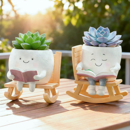 Yhupl Adorable Smiley Face Reading Flower Pot, Unique Rocking Chair-Style Resin Plant Pot with Drainage Holes, Suitable for Indoor/Outdoor Planting and Home Decor (A)