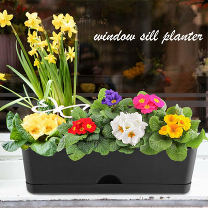 6 Pack Rectangle Planter 16x4.4 Inch Window Boxes Planters Rectangular Large Window Sill Planters Indoor Self Watering Plant Pots with Drainage Holes and Saucers Succulent Herb Flower Pots, Black