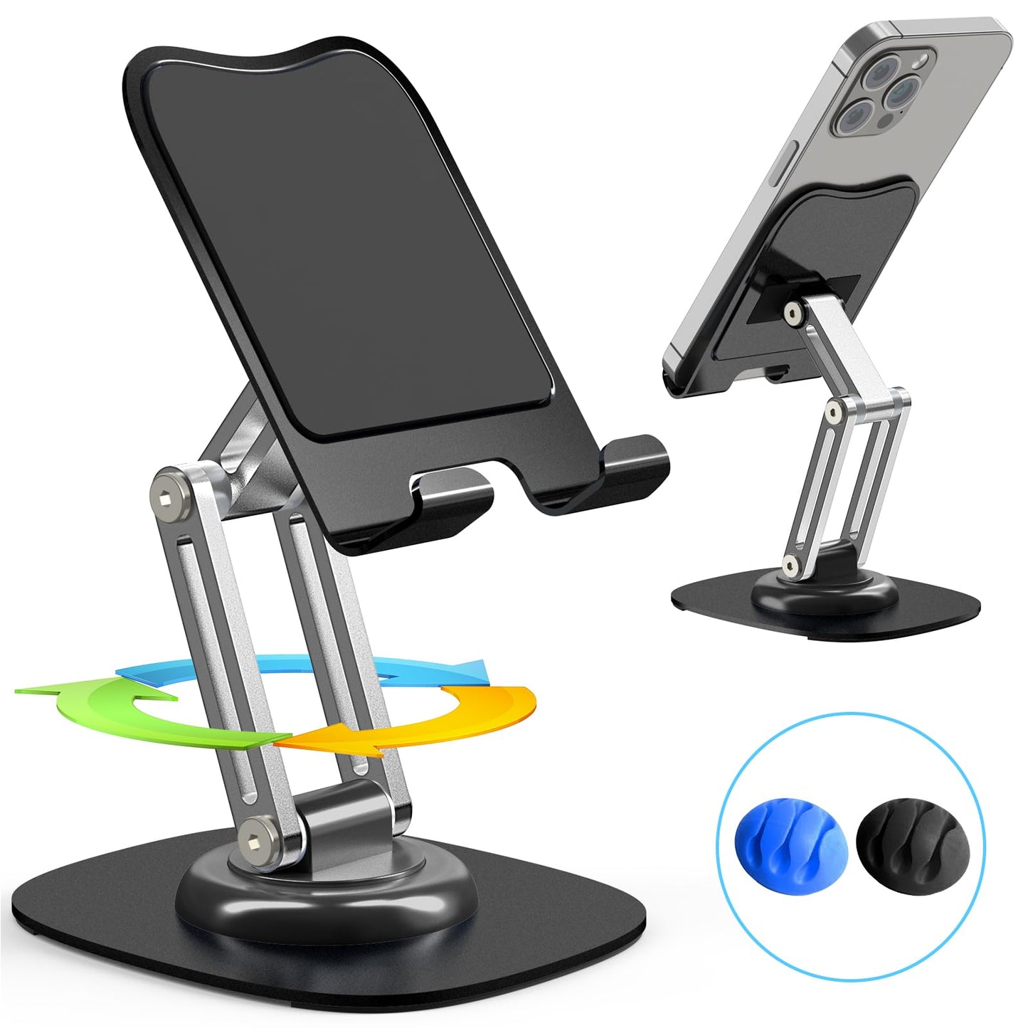 ZTGYGY Metal Phone Stand for Desk, Adjustable Foldable Desktop Phone Holder, 360 Degree Rotating Cell Phone Stand for Recording Compatible with iPhone 17 16 15 14 13 12 11 Pro, Black