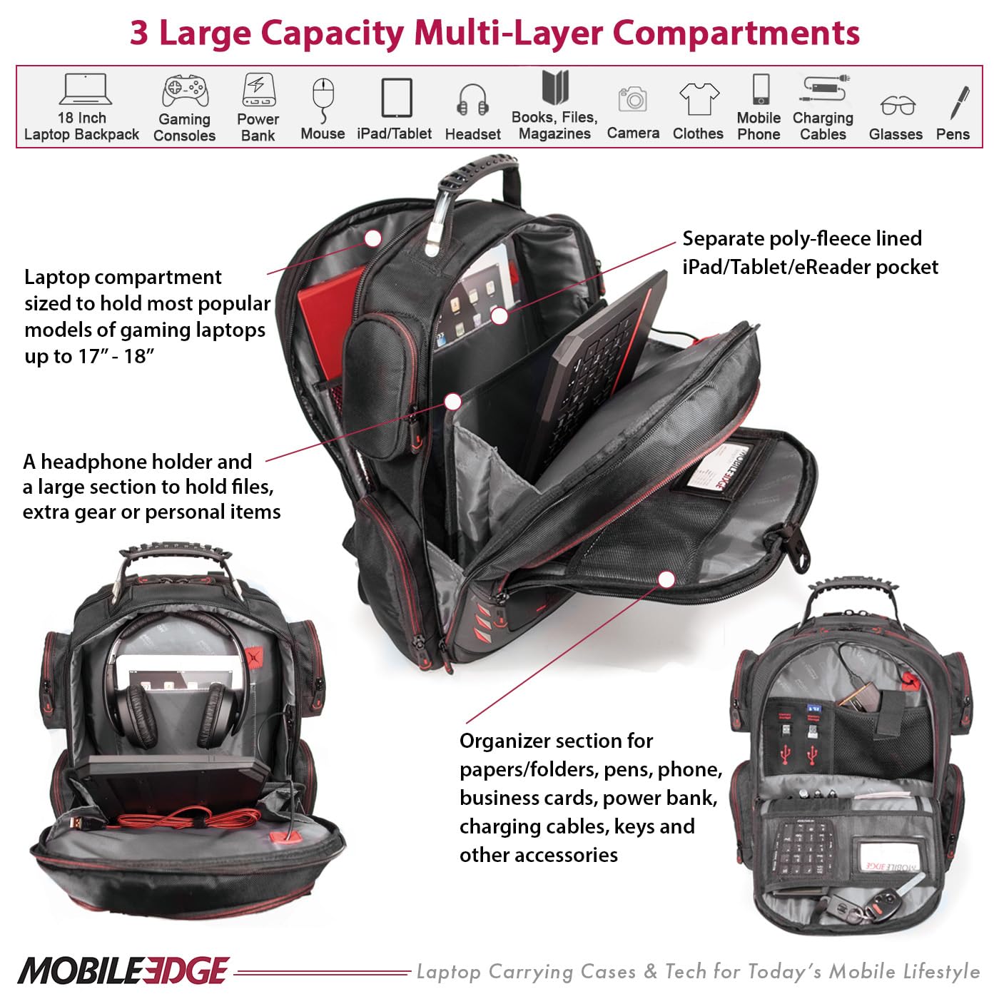 Mobile Edge CORE Gaming Laptop Backpack for 17-18 Inch Laptops with USB Charging Port and Cable, TSA-Friendly, MECGBPV1