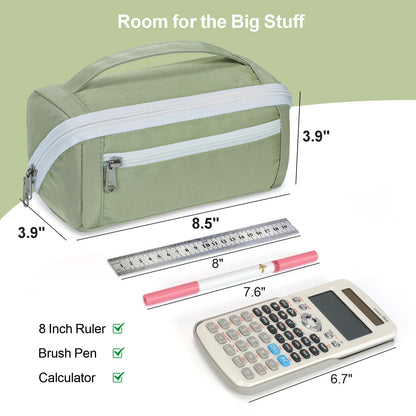 BrainyBees Large Pencil Pouch for Teen Girls, 8 Compartments, Green