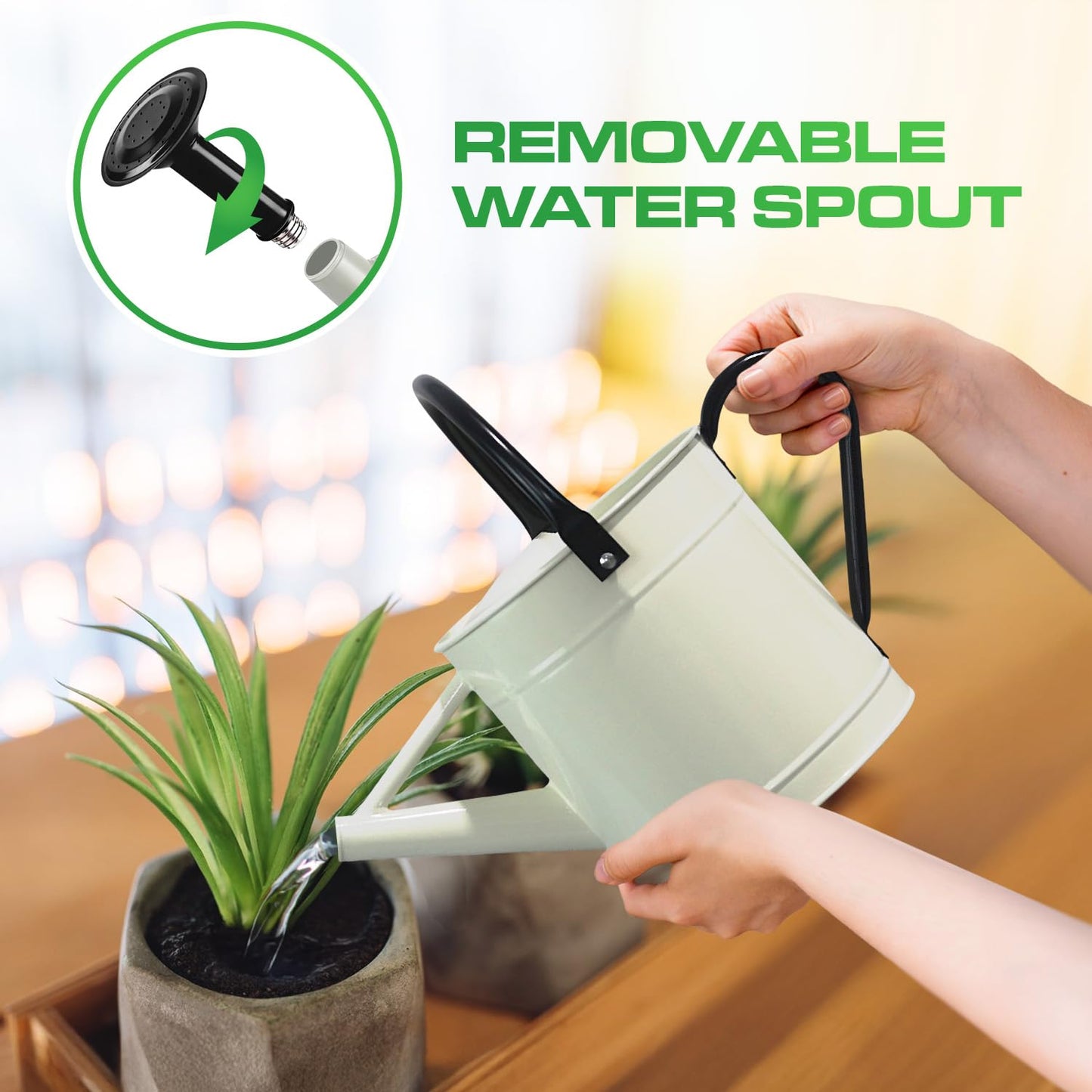 Plexon Metal Watering Can Outdoor 1 Gallon, Flower Plant Gardening Garden Large Watering Can Pot, Black Galvanized Steel Handles and Removable Spray Spout, Off-White