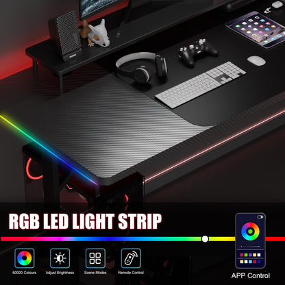 GTRACING 55 Inch Gaming Desk with LED Lights, Large Computer Desk with Mouse Pad for Home Office, T-Shaped Carbon Fibre Surface PC Game Workstations with Headphone Hook