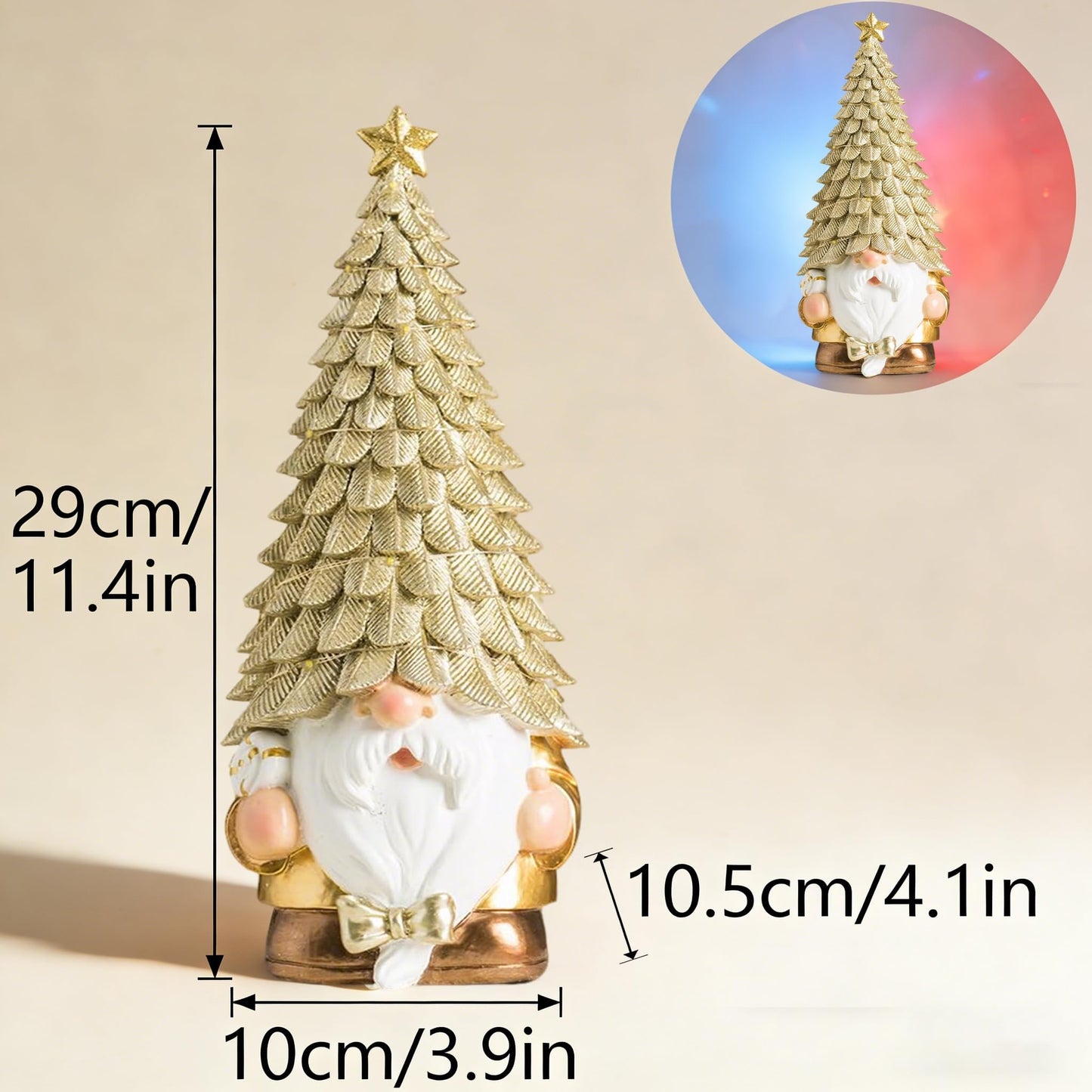 BGBWBFBR 11.4 Inch Whimsical Gnome Figurine - Glowing Tree Hat Decor, Cozy Home/Yard Accent for Everyday & Gatherings (Gold Accents)