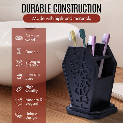 Gothic Decor Coffin Toothbrush Holder - Halloween Goth Bathroom Decor Brush Holder for Oddities and Curiosities - Spooky Pen Organizer for Kids and Adults - Witchy Gifts for Women