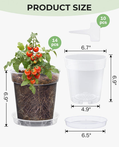 homenote 6.7 Inch Clear Nursery Pots 14 Pack with Drainage and Plant Saucers, Rigid High Transparency Plastic Nursery Pots for Plants,Thick Walled Planter Nursery Pots with Upgraded Drainage Holes