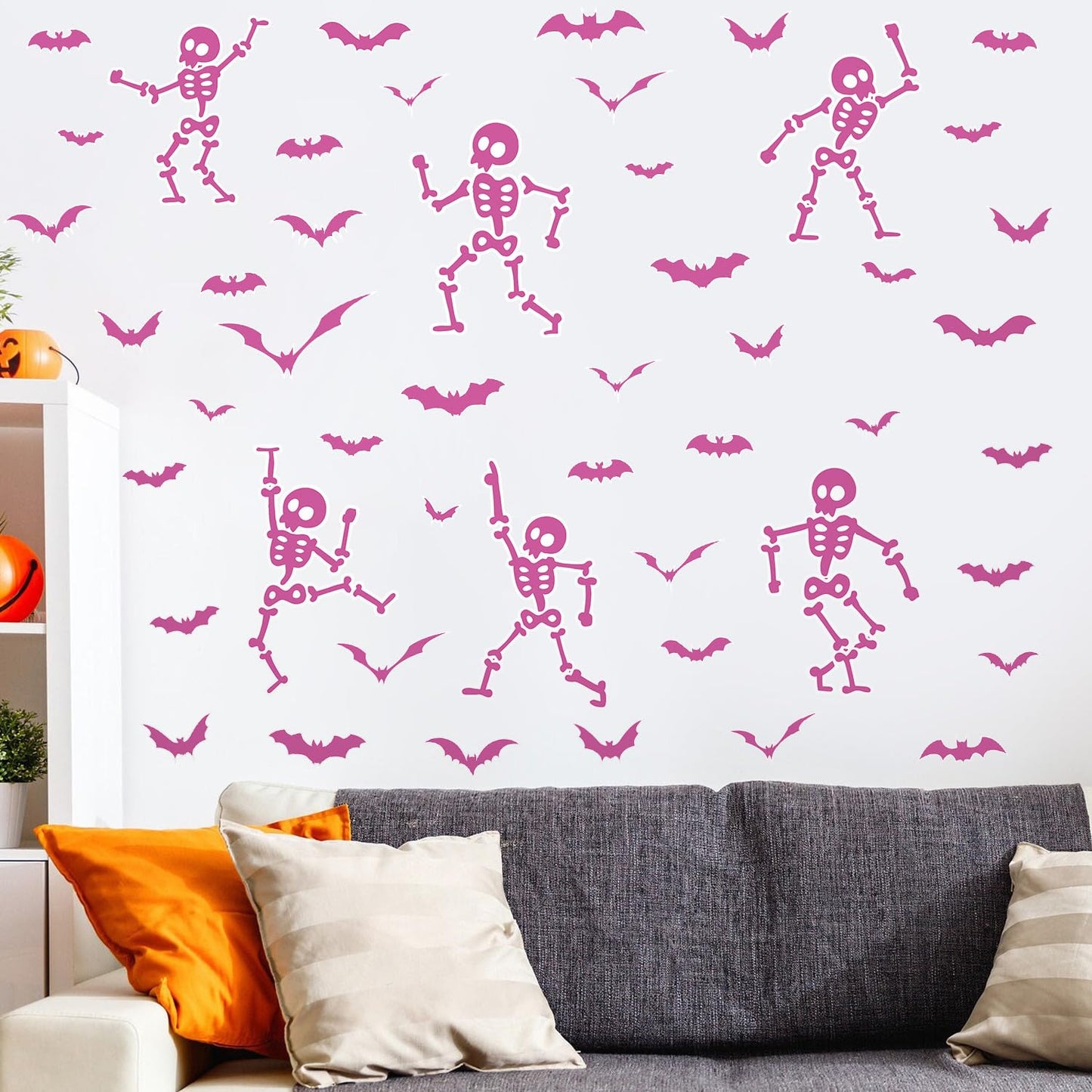 Halloween Wall Decals and Skeleton Window Clings - 6 Sheets 43 Pcs Removable Pink Ghost Bat Wall Stickers for Mirrors, Windows, Home Bedroom Party Decor