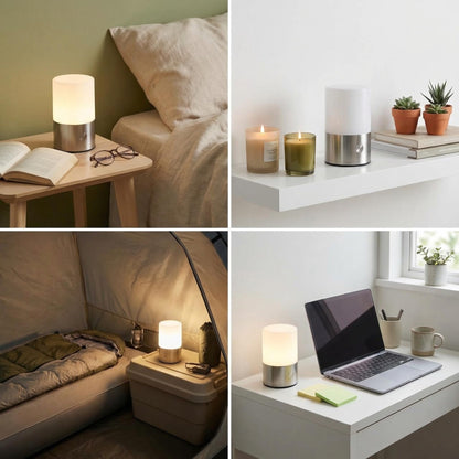 LomakGlow Small Table Lamp - Rechargeable, Portable, Up to 20-Hour Battery Life, 10 Brightness Levels, Auto-Off Timer, Waterproof, Warm Light for Bedside, Travel, Camping & Décor-Nickel Finish