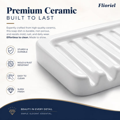 Flioriel White Ceramic Soap Dish, Self Draining Soap Holder for Shower & Bathroom Sink, Porcelain Soap Tray with Anti-Slip Silicone Pads, Easy to Clean & Keep Soap Dry, Modern Minimalist (White)