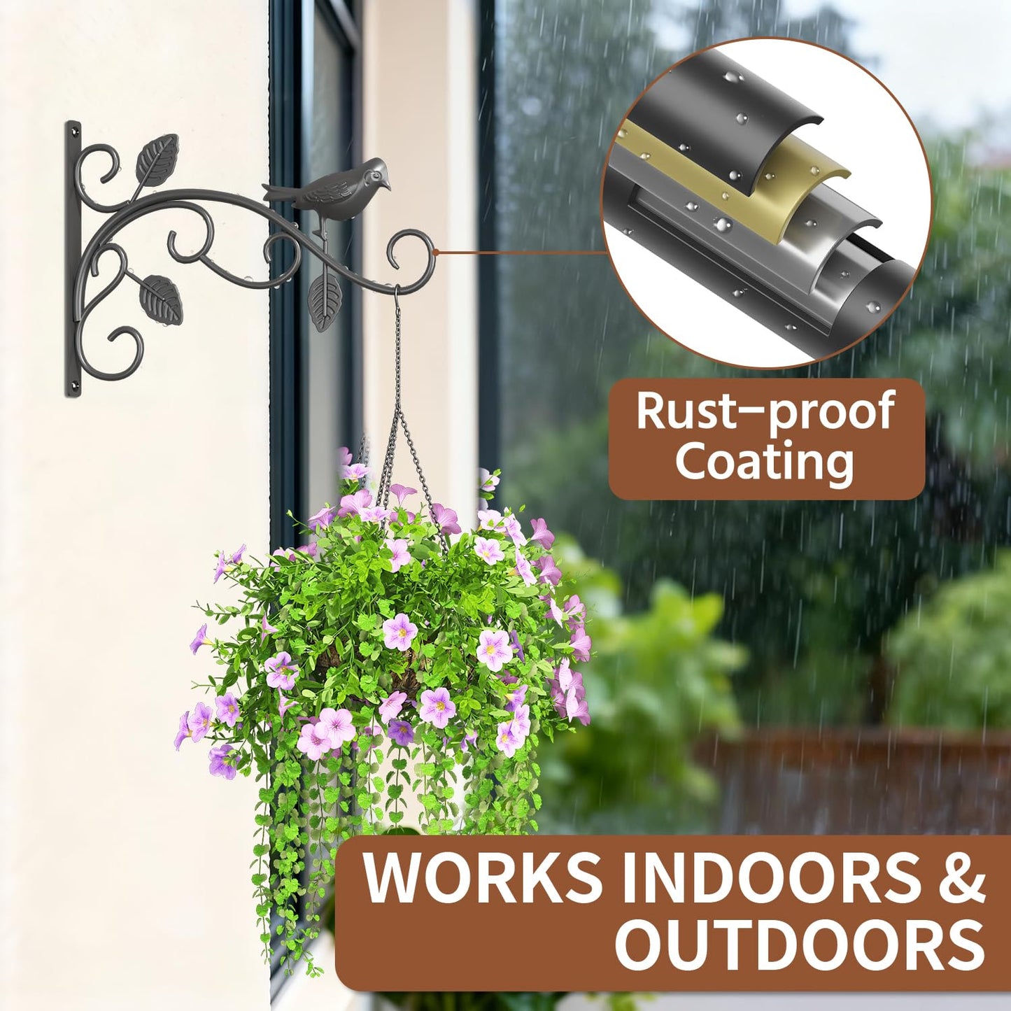 LASZOLA 2 Pack 12 Inch Hanging Plant Brackets, Heavy Duty Iron Wall Hooks with Decorative Bird and Leaf, Rust Proof Metal Outdoor Fence Hangers for Bird Feeders, Planters, Wind Chimes, Lanterns, Black