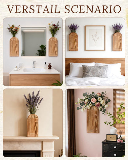 Wooden Wall Vase Set of 2 - Boho Natural Wood Wall Hanging Planter for Plants & Flowers,Modern Farmhouse Wall-Mounted Planters for Living Room,Entryway,Kitchen,Patio,Hallway,Wall Art for Home Decor