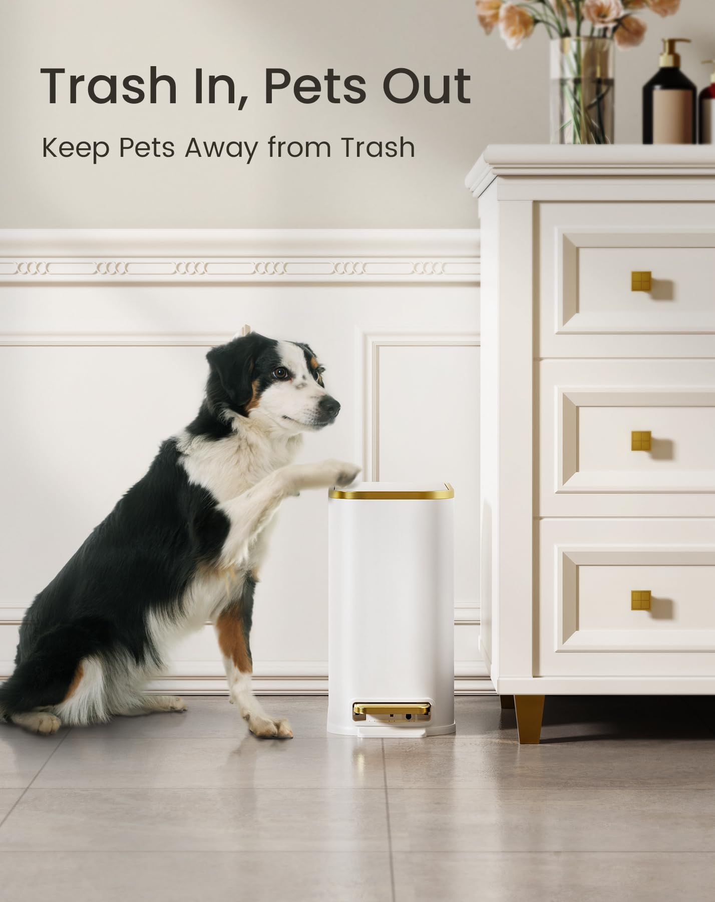 Cesun Small Bathroom Trash Can with Lid Soft Close, 5 Liter/1.3 Gallon Stainless Steel Garbage Can with Removable Inner Bucket, Step Pedal, Slim Waste Basket for Toilet, Office, Bedroom (White&Gold)