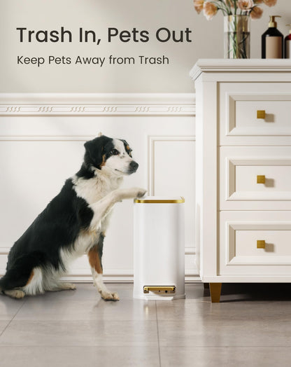 Cesun Small Bathroom Trash Can with Lid Soft Close, 5 Liter/1.3 Gallon Stainless Steel Garbage Can with Removable Inner Bucket, Step Pedal, Slim Waste Basket for Toilet, Office, Bedroom (White&Gold)