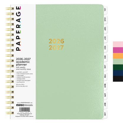 PAPERAGE Academic Planner, Weekly & Monthly Planner & Calendar, 12-Months, July 2026 - June 2027, (9.5" x 11"), School & Student Planning Agenda with Tabs, Bonus Pages & Inner Pocket, Sage Green