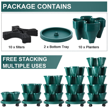 Umigy 2 Set 5 Tier Stackable Planters Vertical Garden Planters for Strawberry Herb Flower and Vegetable Indoor Outdoor Gardening Pots with Removable Wheels and Bottom(Dark Green)