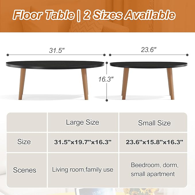 Coffee Table Low Table with Solid Wood Legs, 31.5x19.7 Large Coffee Table Side Table, Floor Table Desk for Sitting on The Floor, Living Room Furniture for Office Apartment Home, Pebble-Black