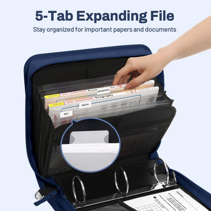 SUNEE Zipper Binder 3 Ring, 3 Inch O-Ring with Handle and Shoulder Strap, 600-Sheet Capacity, 5-Tab Expanding File Folder, Multi-Pockets for Middle School Organizer Binder with Zipper, Navy Blue