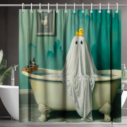 Koveni Funny Ghost Shower Curtain 72x72 Inch with Hooks, Cute White Ghost Bathroom Decor with Cute Duck, Spooky Waterproof Polyester Fabric for Halloween Decorations, Gifts for Kids