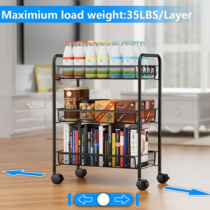 3-Tier Mesh Rolling Cart - 24.8" H Fits Under Desk Metal Cart with Wheel | Hold 35bls/Tier Small Space Storage Organizer Crafts Utility Cart for Office Pantry Bathroom Kitchen Laundry, Black