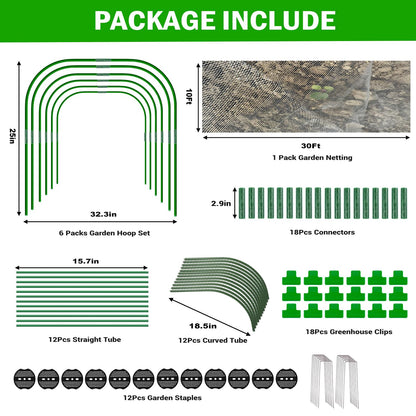 Garden Mesh Netting Kit, 10x30FT Green Ultra Fine Netting with 6 Sets Wide Garden Hoops & 18 Clips, Raised Garden Bed Netting with Frame, Row Cover, Plant Barrier for Vegetables Fruits
