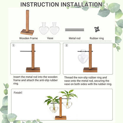 Mkono Heart Shaped Propagation Station with Wood Stand, Glass Hydroponic Planter Desktop Plant Terrarium for Home Office Decor, Gifts for Plant Lovers - 2 Love Bulb Pot Vase
