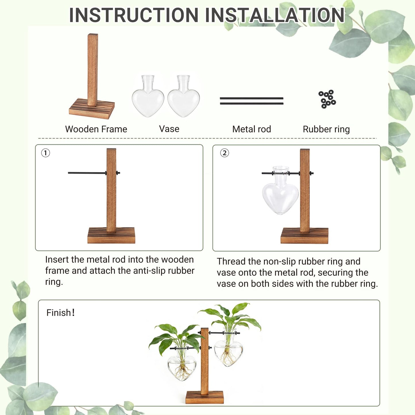 Mkono Heart Shaped Propagation Station with Wood Stand, Glass Hydroponic Planter Desktop Plant Terrarium for Home Office Decor, Gifts for Plant Lovers - 4 Love Bulb Pot Vase