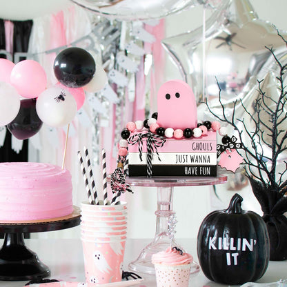 Pink Halloween Decorations 5PCS Table Centerpieces, Cute Girlie Tabletop Halloween Decor for Tiered Tray Shelf Mantel Fire Place Office Desk Rustic Farmhouse Wood Faux Book Stack and Ghosts Sign