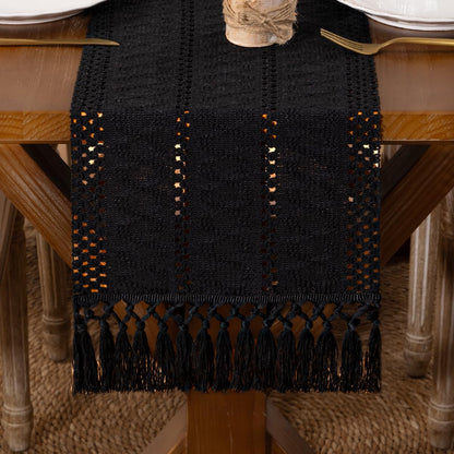 DeZerlor Boho Macrame Table Runner Spring Easter Farmhouse Woven Table Runner with Tassels 90 Inches Halloween Black Cotton Linen Kitchen Table Decor for Dining Dresser Home Tea Table Decor