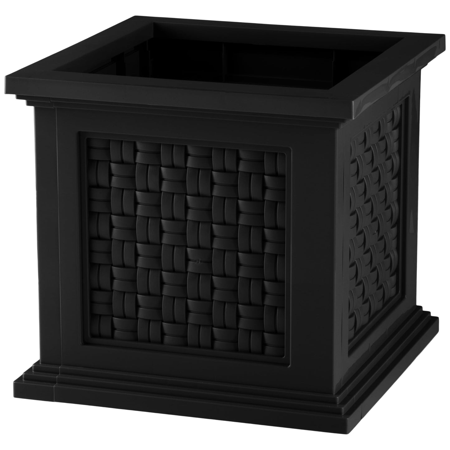 Rattan Style Outdoor Planter Box - 14.65-Inch-Square Decorative Flower or Plant Pot - Garden, Patio and Front Porch Decor by Pure Garden (Black)