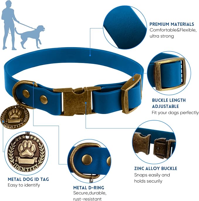 Wisedog Waterproof Dog Collar and Leash Set, M, Blue | Adjustable Puppy Collar, Cute Tag, 5FT Leash, Includes Poop Bag, For Small Medium Large Dogs