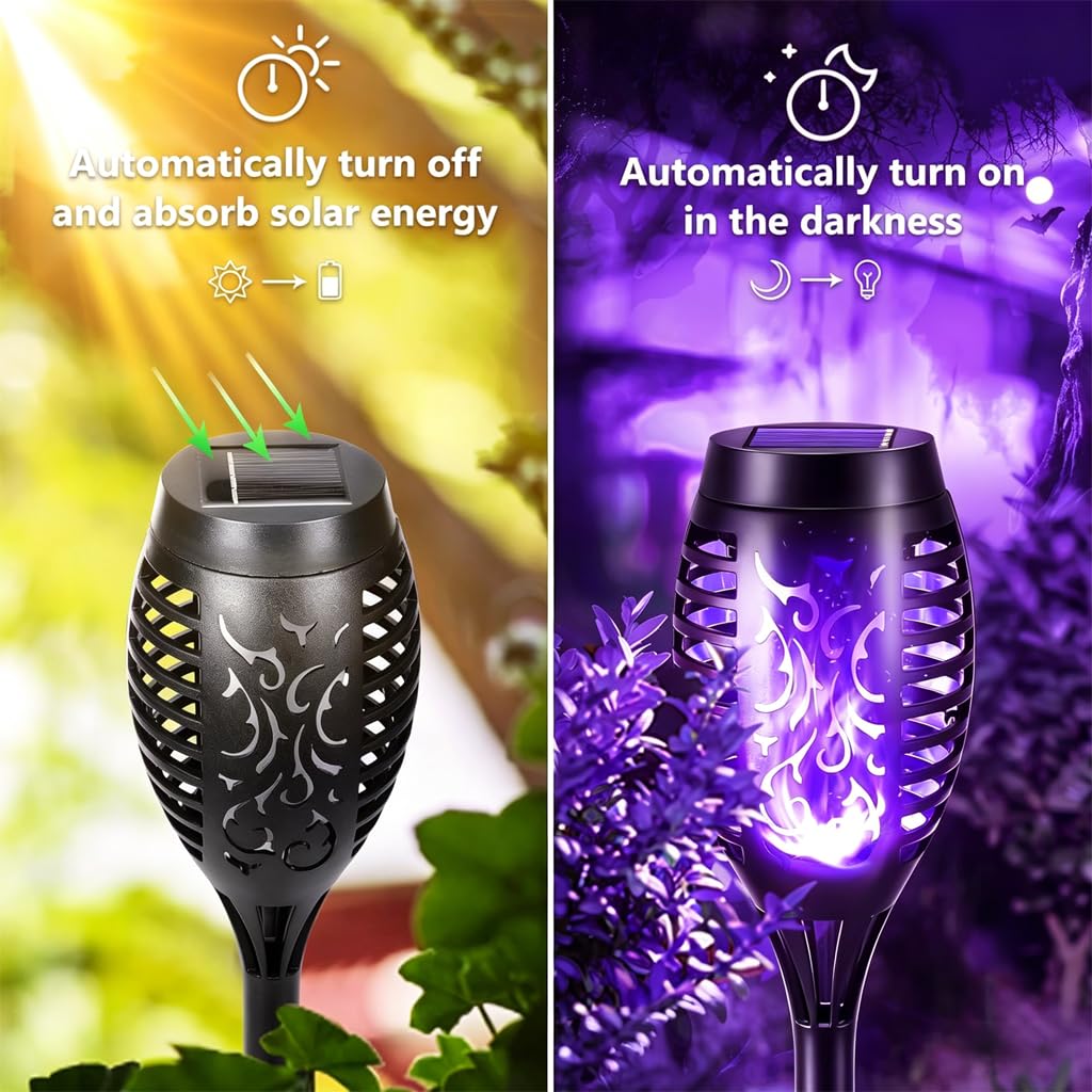 HSKMNFCQF 4 Pack Solar Flame Lights Outdoor, Flickering Flame Torch Lights, IP65 Waterproof Solar Powered Garden Lights for Patio Lawn Yard Pathway Decor (Purple)