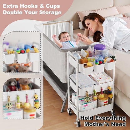 Diaper Cart Organizer with Wheels, 3 Tier Rolling Bedside Cart for Baby Essentials, Baby Organizers and Storage Diaper Caddy Carts for Changing Table, Crib, Bedroom, Newborn Nursery Supplies, White