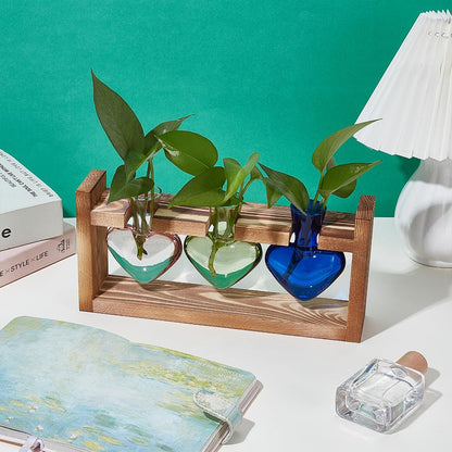 UNICRAFTALE Hydroponics Plant Propagation Stations Plant Terrarium with Wooden Stand Air Plants Bulb Heart Glass Vase for Hydroponics Home Garden Office Decoration Unique Gardening Gifts 11"x3.03"