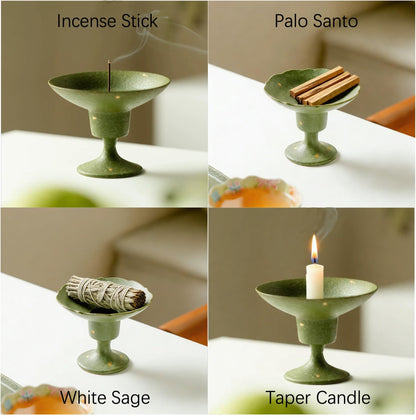Hermit Life Incense Stick Holder with Fresh Lime-Green Glaze, Ceramic Incense Burner with Ash Catcher, Candlestick Holder for Table Décor (Round Rim)