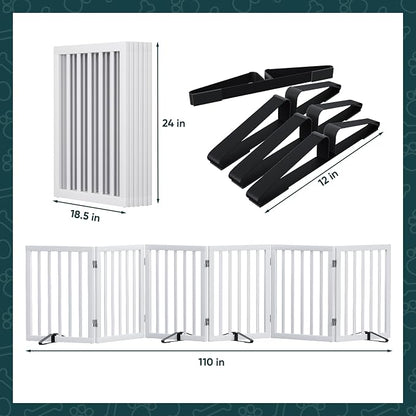Semiocthome Wood Dog Gates for The House Extra Wide, 6-Panel Freestanding Pet Gates with 4PCS Metal Stands for Doorways and Stairs, 24" H Foldable Dog Fences Indoor, Expands Up to 110" (W)- White