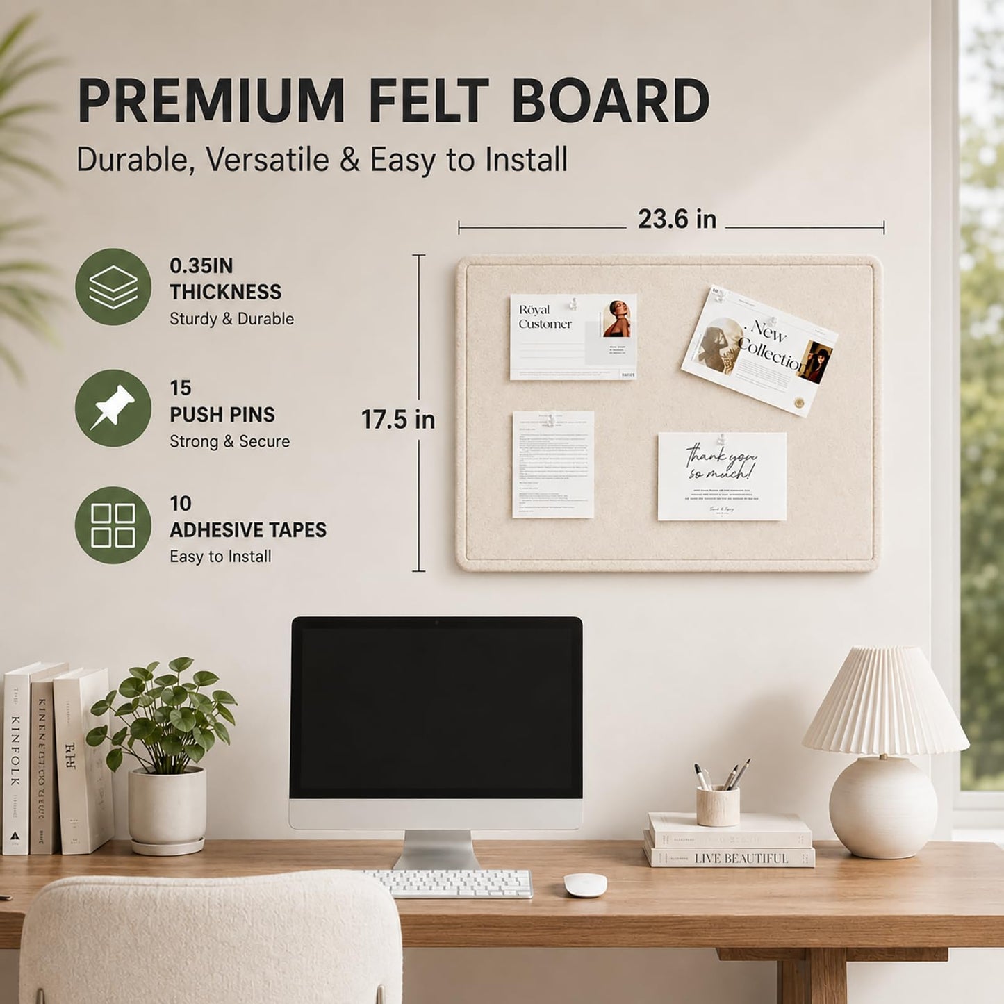 Baysola Beige Felt Bulletin Board for Wall 24 x 18 Inch Frameless