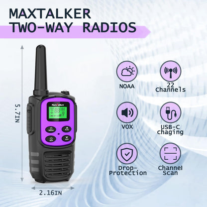 Walkie Talkies Long Range for Adult, MT10 Rechargeable Walkie Talkies FRS Two Way Radio, NOAA, 1200mAh Li-ion Battery USB-C Cable, LED Flashlight, VOX Walkie Talkie for Hiking Camping 2Pack