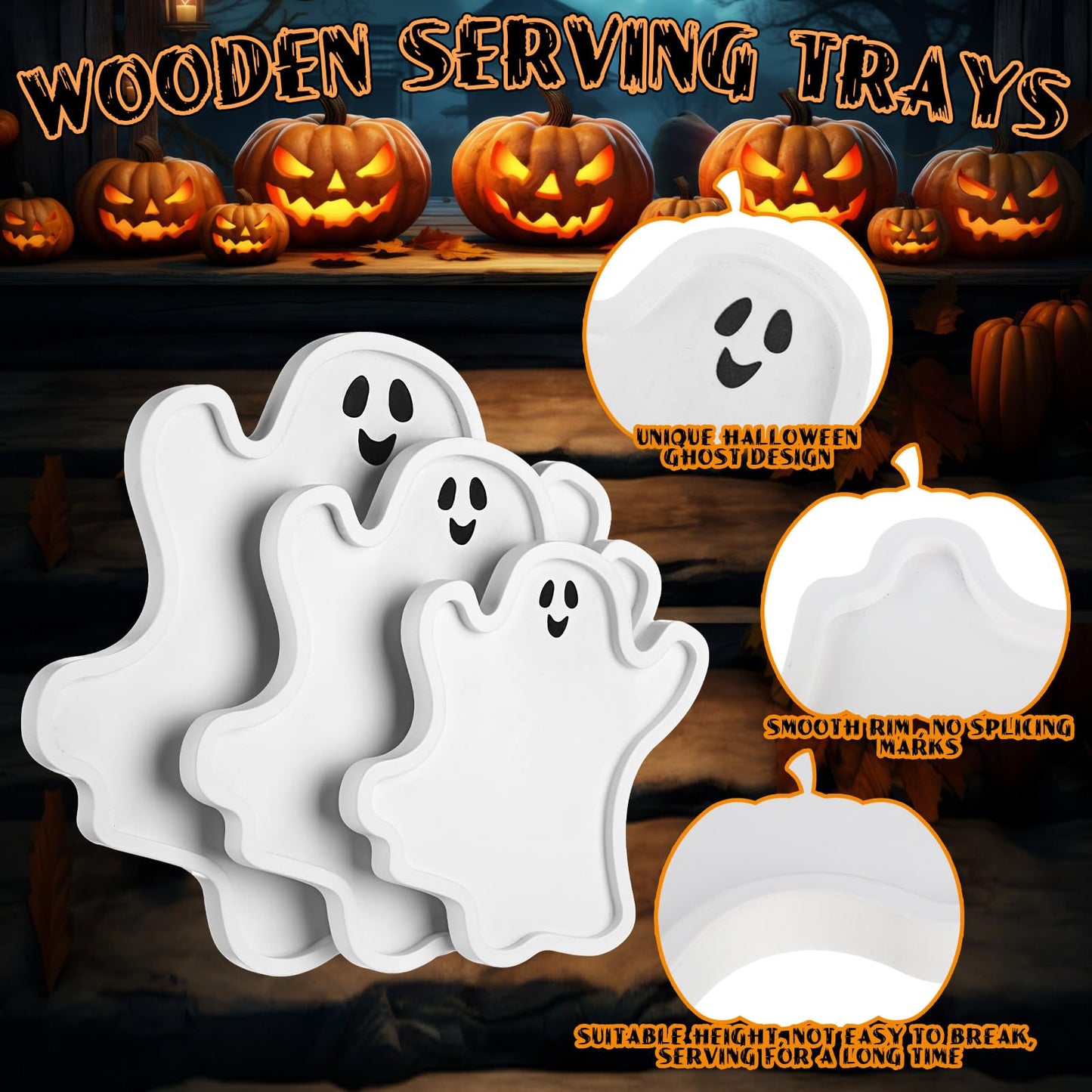 Maxcheck 3 Pcs Halloween Ghost Wooden Serving Platters Food Serving Trays Decorative Wooden Charcuterie Boards Plate for Halloween Snacks Cookies Fruits Candy Display Food Dish(Classic)