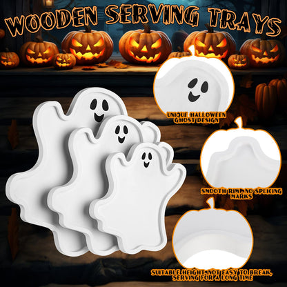 Maxcheck 3 Pcs Halloween Ghost Wooden Serving Platters Food Serving Trays Decorative Wooden Charcuterie Boards Plate for Halloween Snacks Cookies Fruits Candy Display Food Dish(Classic)