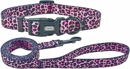 Dog Collar Leash Set, Leopard Pattern, Polyester Material, Adjustable Collar and 5ft Matching Leash, for Puppy Dogs.(XS, Colorful Leopard)