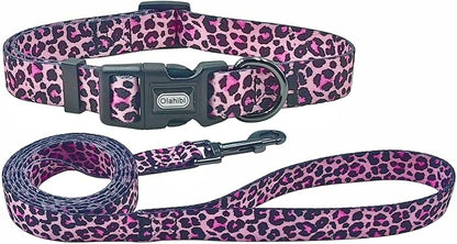 Dog Collar Leash Set, Leopard Pattern, Polyester Material, Adjustable Collar and 5ft Matching Leash, for Large Dogs.(L, Colorful Leopard)