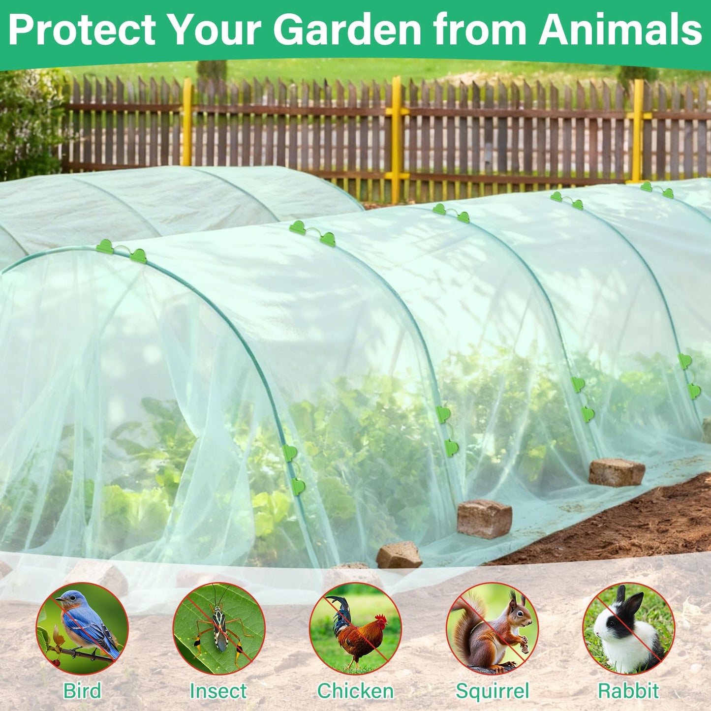Sunwinx Garden Mesh Netting Kit for Raised Beds, 10x33FT Ultra Fine Mesh Netting& 6 Sets 8FT Fiberglass Garden Hoops, Insect Netting Row Cover, Pest Barrier Protection for Vegetable Fruits Flowers