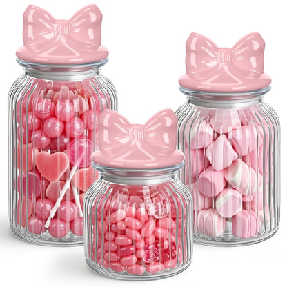 Potchen 3 Set Candy Jars Airtight Glass Cookie Jars with Ceramic Lid Cute Clear Cookie Storage Canister for Spring Summer Baby Shower Party(Bow and Stripes,Pink)